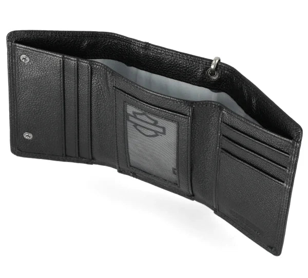 Portafoglio medio a tre ante da uomo Harley-Davidson con logo Open Bar & Shield in metallo e catena in pelle, nero