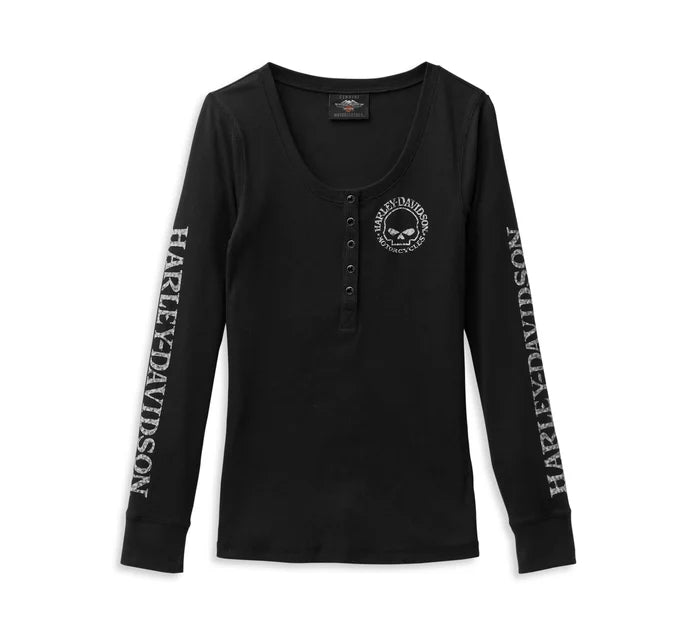 Maglia Henley a maniche lunghe con bottone a pressione frontale Willie G Skull da donna - Black Beauty