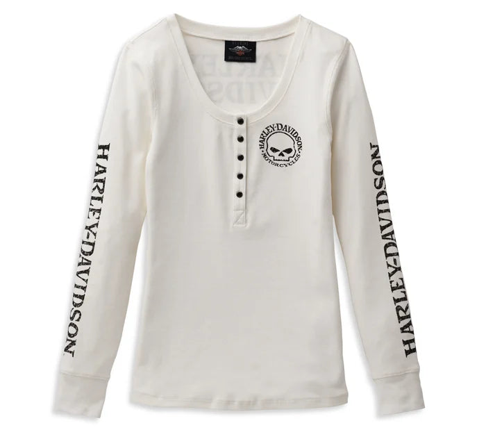 Maglia Henley a maniche lunghe con bottone a pressione frontale Willie G Skull da donna - Cloud Dancer