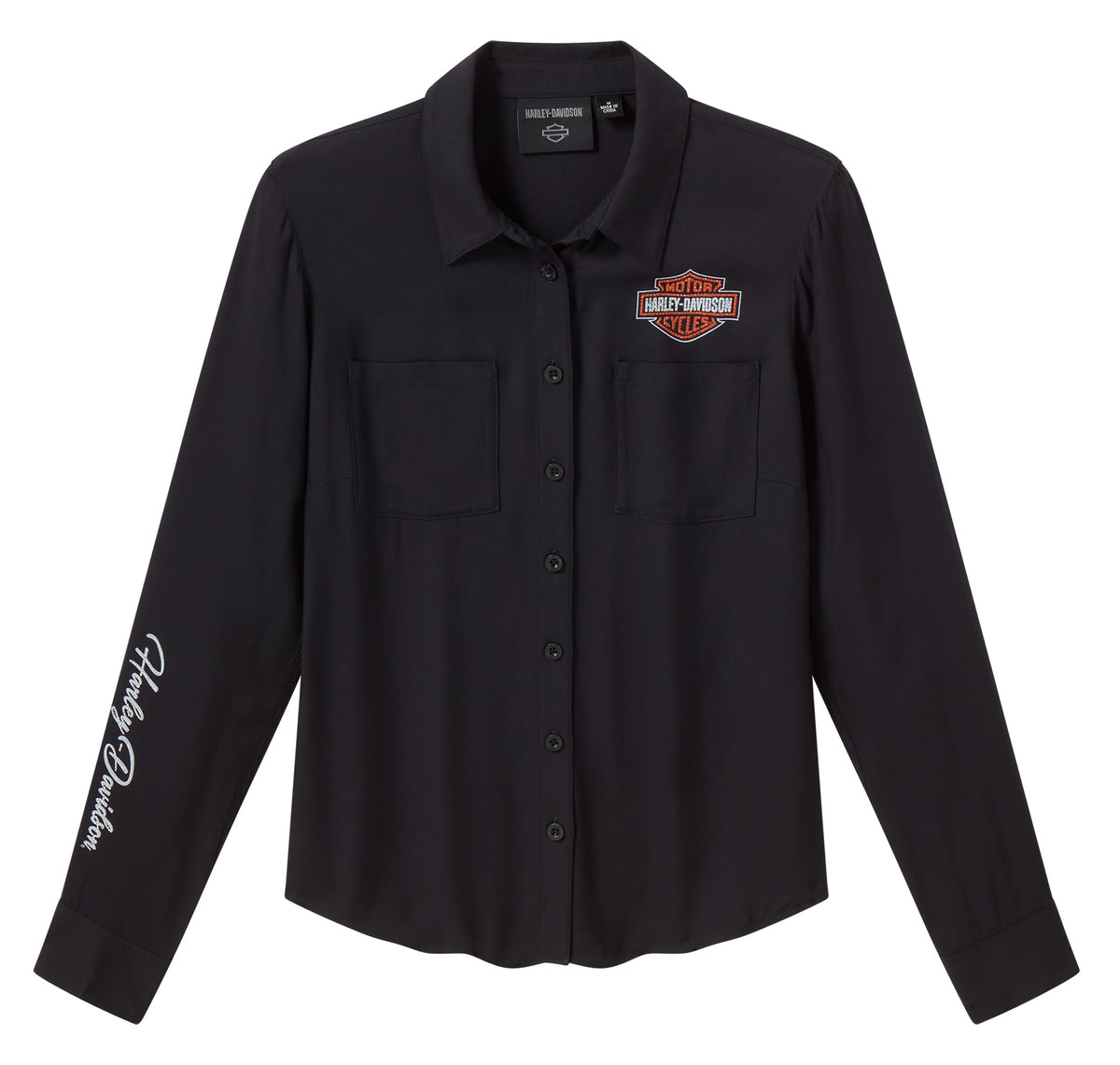 Camicia a maniche lunghe da donna Harley-Davidson con logo Bar & Shield in tessuto Bling