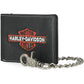 Portafoglio da uomo Harley-Davidson con catena e logo Bar & Shield ricamato, in pelle nera,