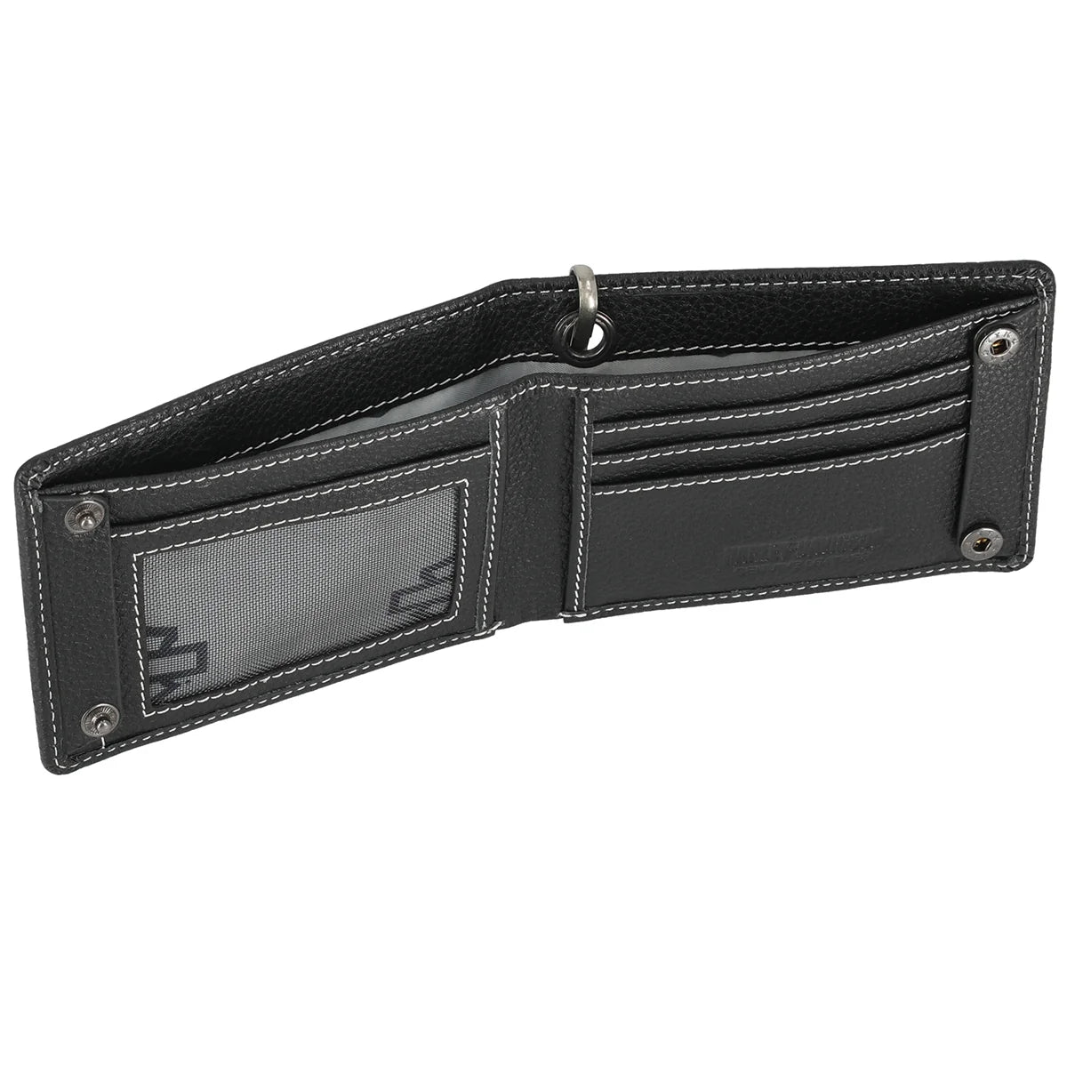 Portafoglio da uomo Harley-Davidson con catena e logo Bar & Shield ricamato, in pelle nera,