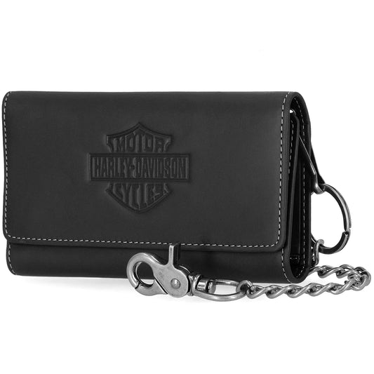Portafoglio in pelle con catena da camionista a tre ante e stampa Bar & Shield in rilievo Harley-Davidson da uomo, nero