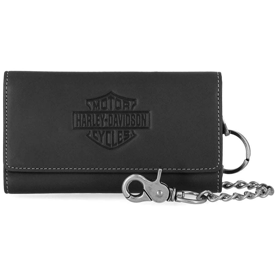 Portafoglio in pelle con catena da camionista a tre ante e stampa Bar & Shield in rilievo Harley-Davidson da uomo, nero