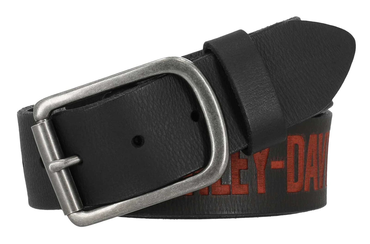 Cintura da uomo Harley-Davidson® in vera pelle con logo HD in rilievo, nera/arancione
