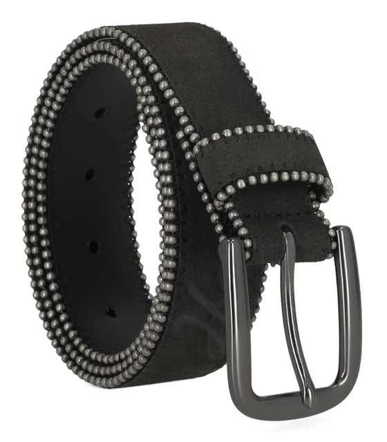 Cintura in pelle nera da donna Harley-Davidson® con logo HD in corsivo e bordo decorato con perline