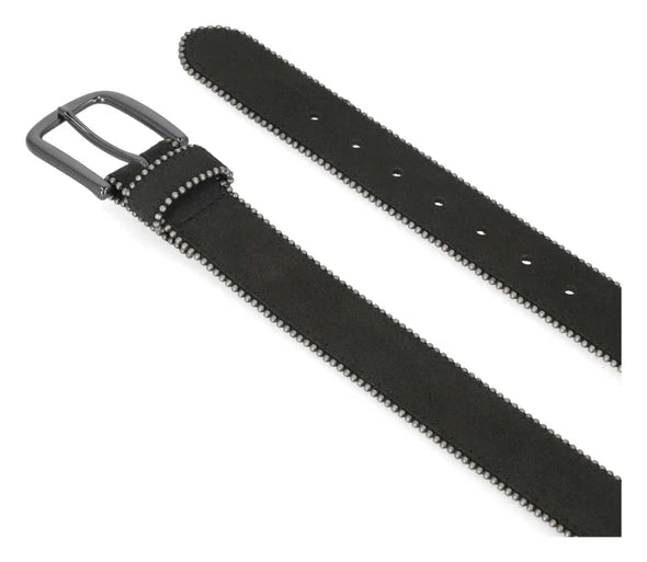 Cintura in pelle nera da donna Harley-Davidson® con logo HD in corsivo e bordo decorato con perline