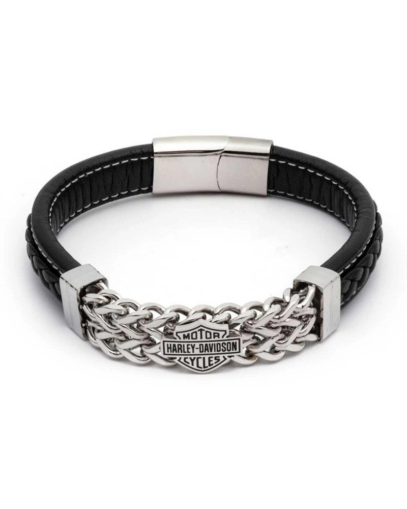 Bracciale Harley-Davidson® da uomo in acciaio inossidabile con logo in pelle