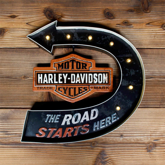 Harley-Davidson® Road Starts Here Bar & Shield Marquee Cartello in metallo per pub