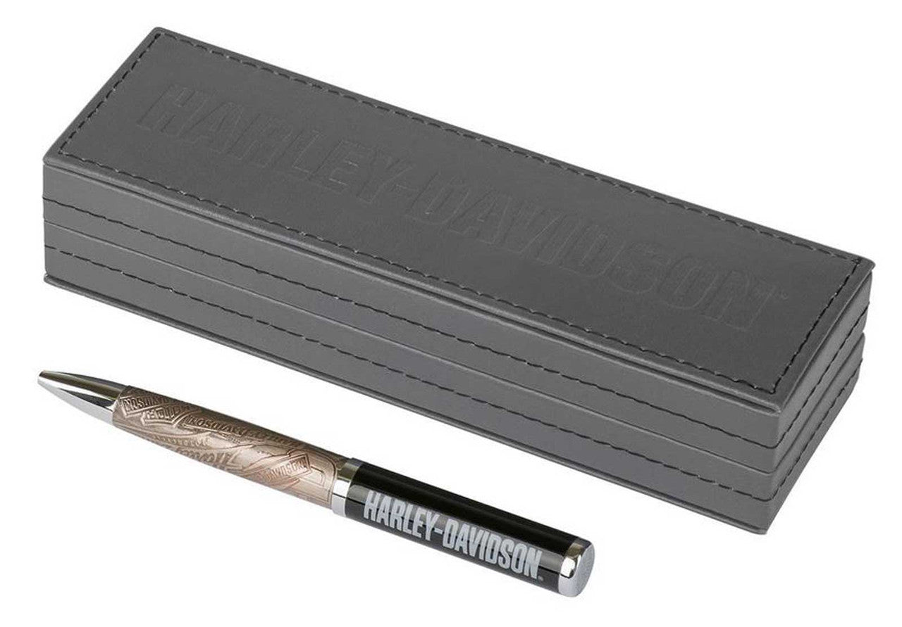 Penna a inchiostro nero ricaricabile Harley-Davidson® con stampa goffrata e scatola regalo nera