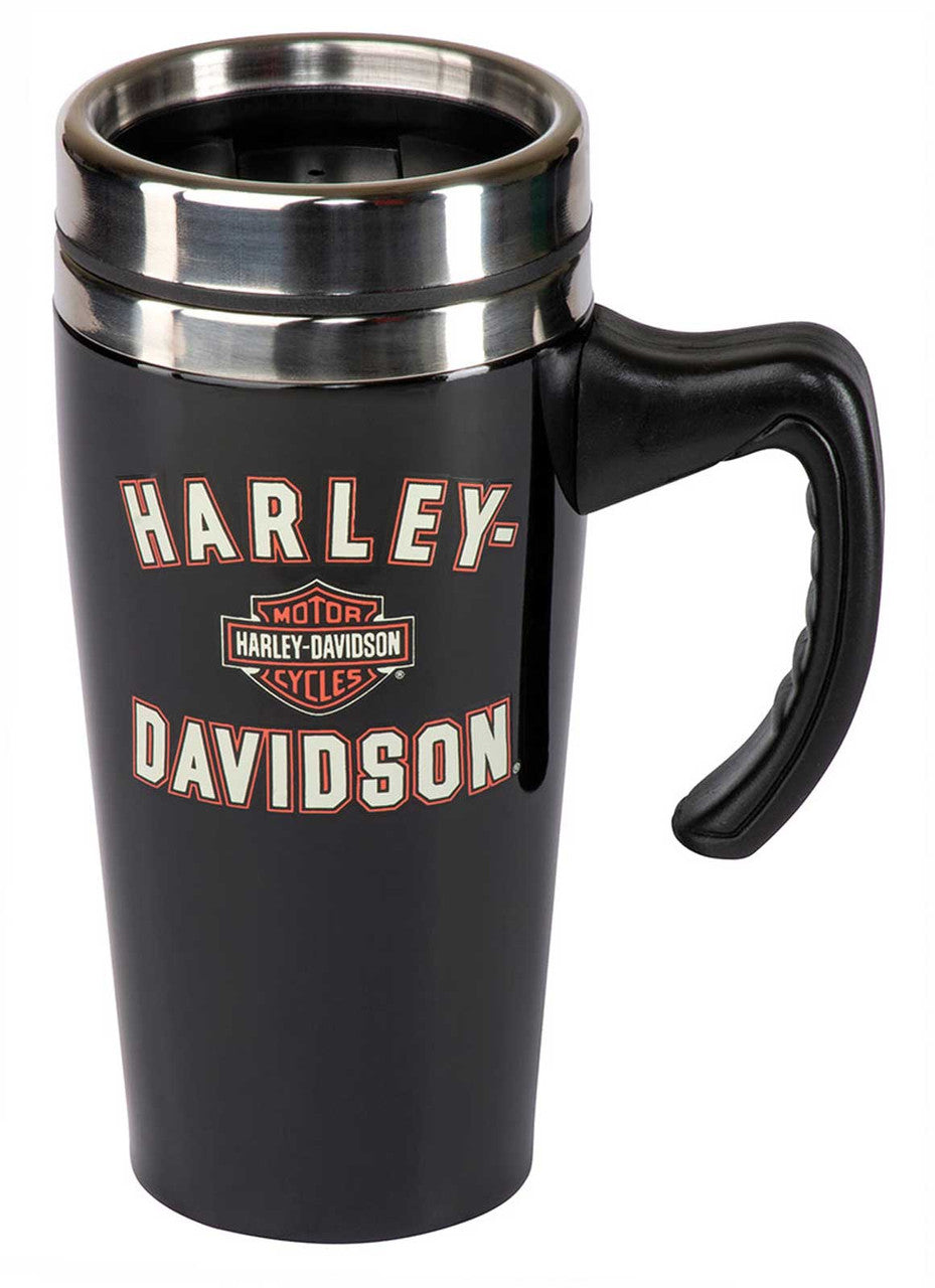 Tazza da viaggio Harley-Davidson® con logo Bar & Shield, a doppia parete in acciaio inossidabile e manico.