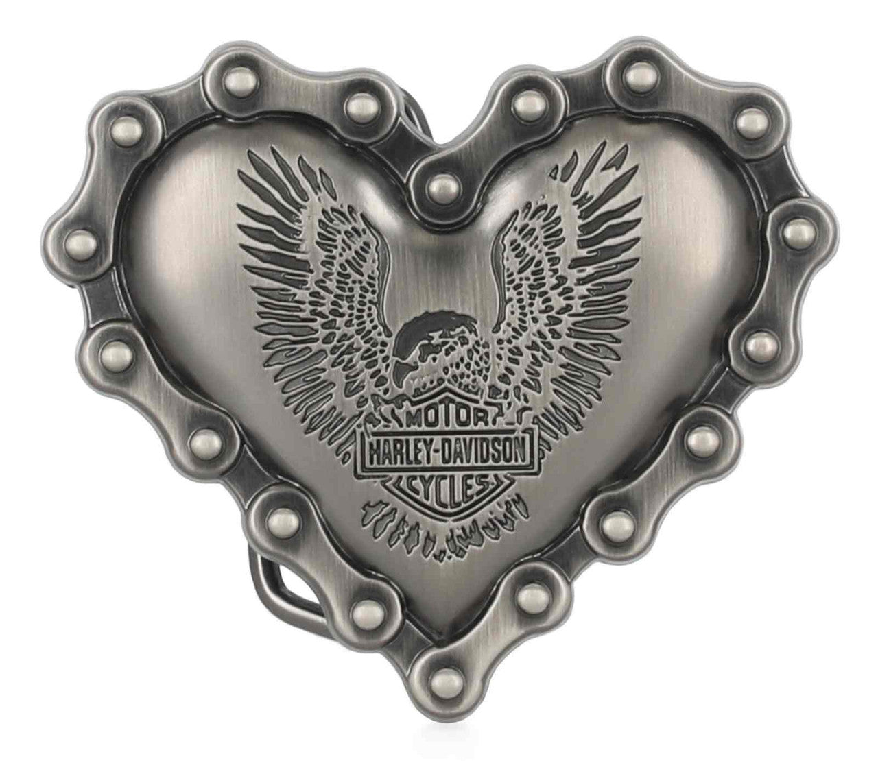 Fibbia per cintura da donna Harley-Davidson® con catena, cuore e aquila ad ala alta, finitura canna di fucile