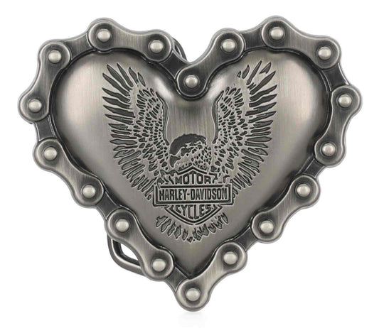 Fibbia per cintura da donna Harley-Davidson® con catena, cuore e aquila ad ala alta, finitura canna di fucile