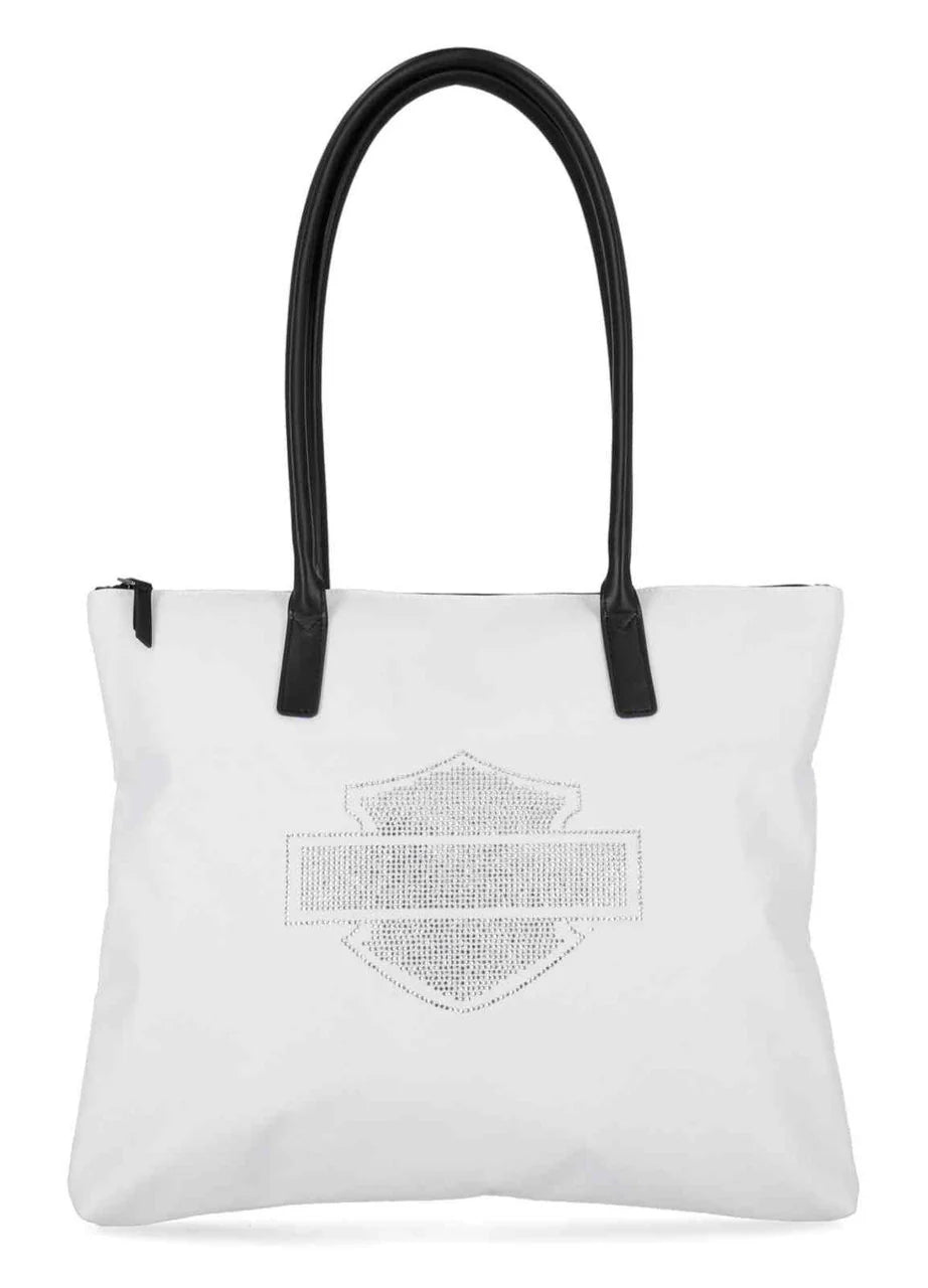 Borsa tote piatta Harley-Davidson® Open Bar & Shield con strass da donna, bianca