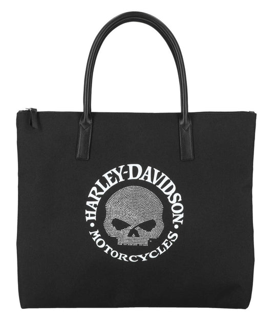 Borsa tote piatta da donna Harley-Davidson® con teschio Willie G decorato, nera