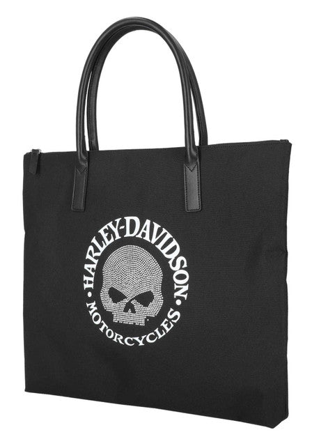 Borsa tote piatta da donna Harley-Davidson® con teschio Willie G decorato, nera