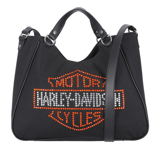 Borsa tote da donna Harley-Davidson® con logo Bar & Shield decorato con strass, nera