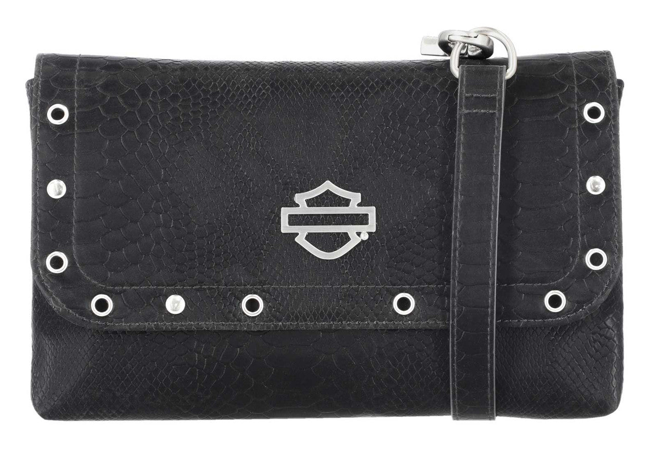 Borsa a tracolla da donna Harley-Davidson® modello B&S con stampa effetto pelle di serpente in rilievo, nera