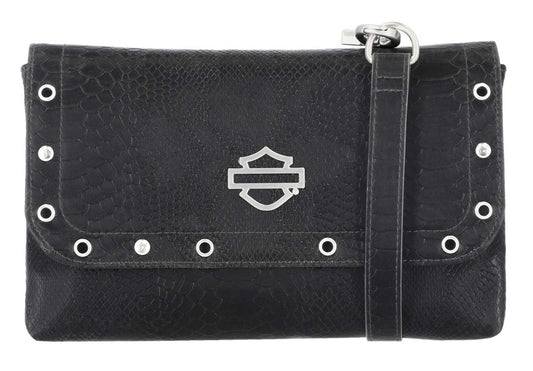 Borsa a tracolla da donna Harley-Davidson® modello B&S con stampa effetto pelle di serpente in rilievo, nera