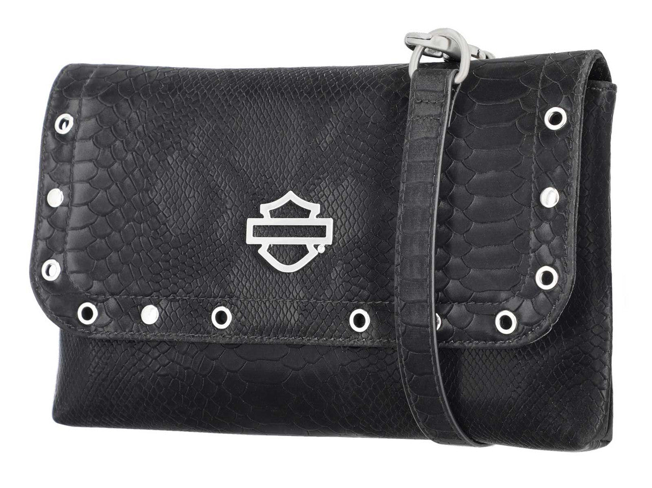 Borsa a tracolla da donna Harley-Davidson® modello B&S con stampa effetto pelle di serpente in rilievo, nera