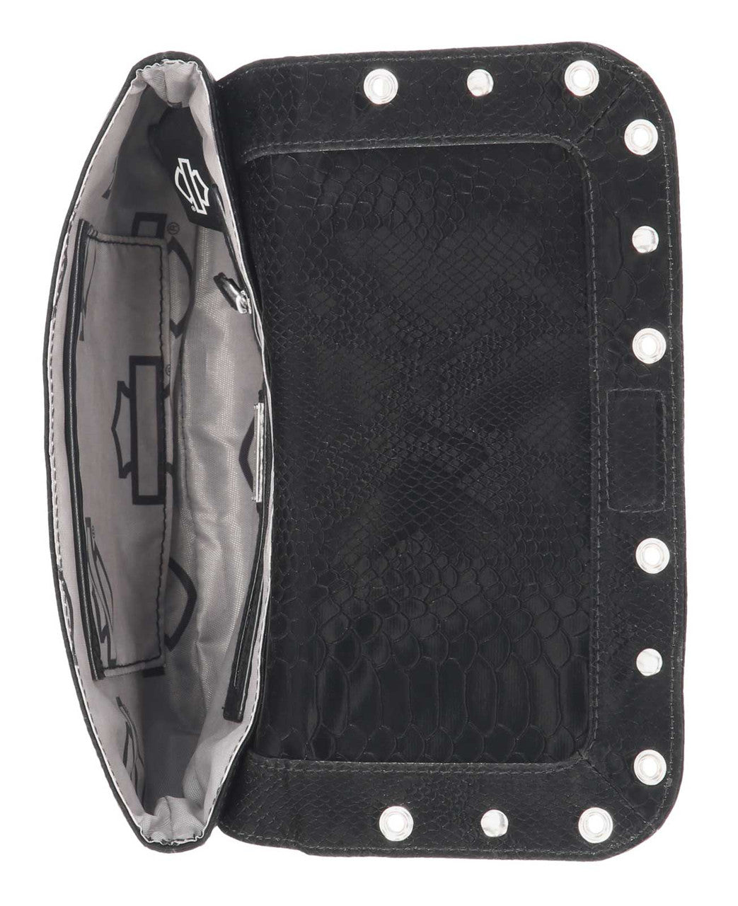 Borsa a tracolla da donna Harley-Davidson® modello B&S con stampa effetto pelle di serpente in rilievo, nera