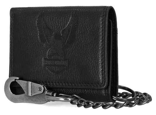 Portafoglio da uomo Harley-Davidson® con catena a scatto e protezione RFID, colore nero, con logo aquila in rilievo