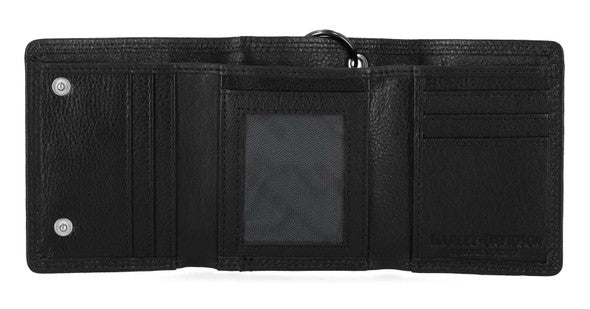 Portafoglio da uomo Harley-Davidson® con catena a scatto e protezione RFID, colore nero, con logo aquila in rilievo