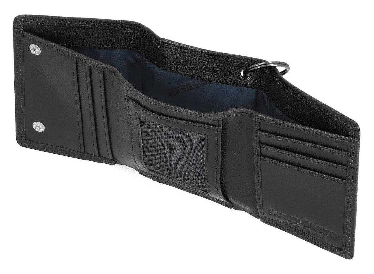 Portafoglio da uomo Harley-Davidson® con catena a scatto e protezione RFID, colore nero, con logo aquila in rilievo