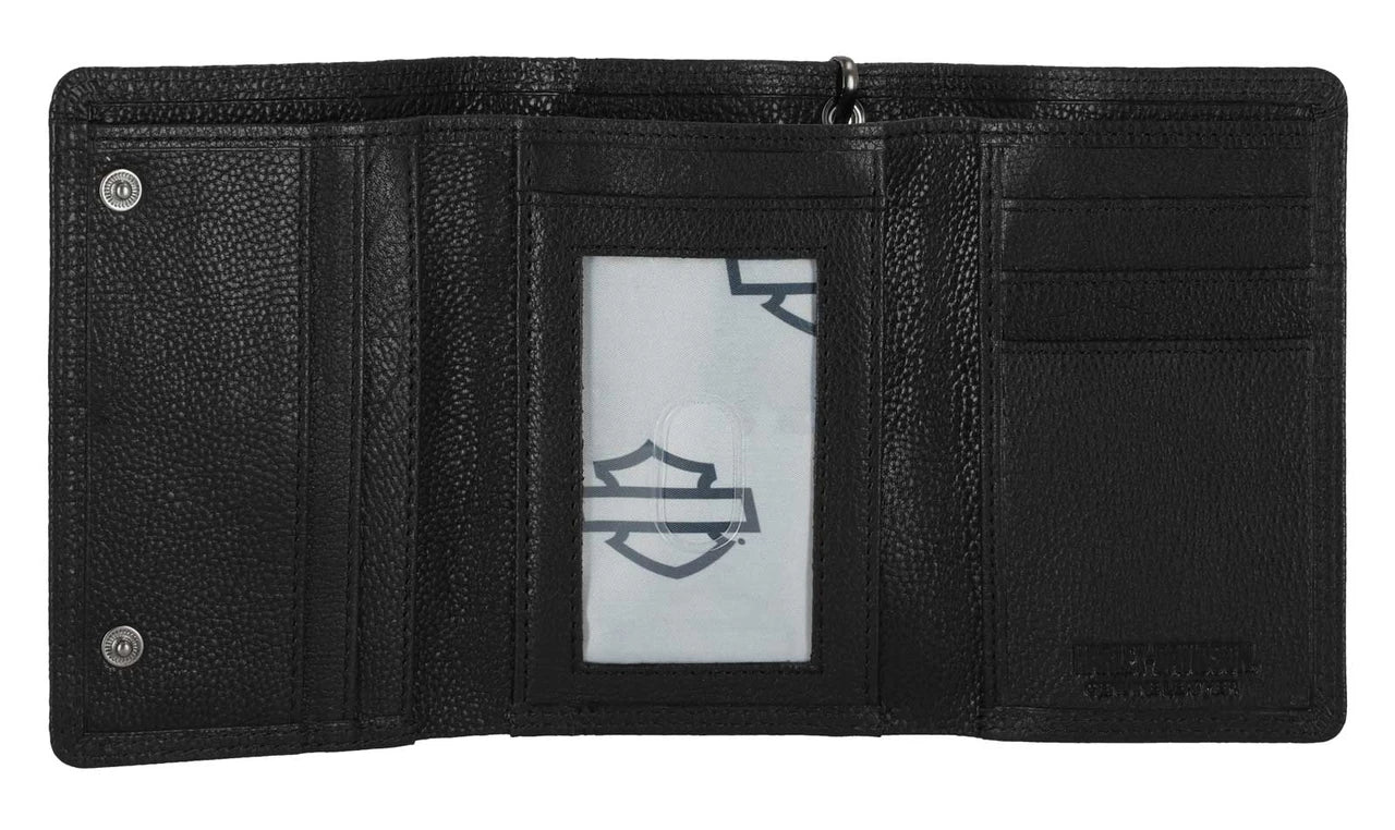 Portafoglio medio da uomo Harley-Davidson® in pelle con catena da motociclista e teschio in rilievo, nero
