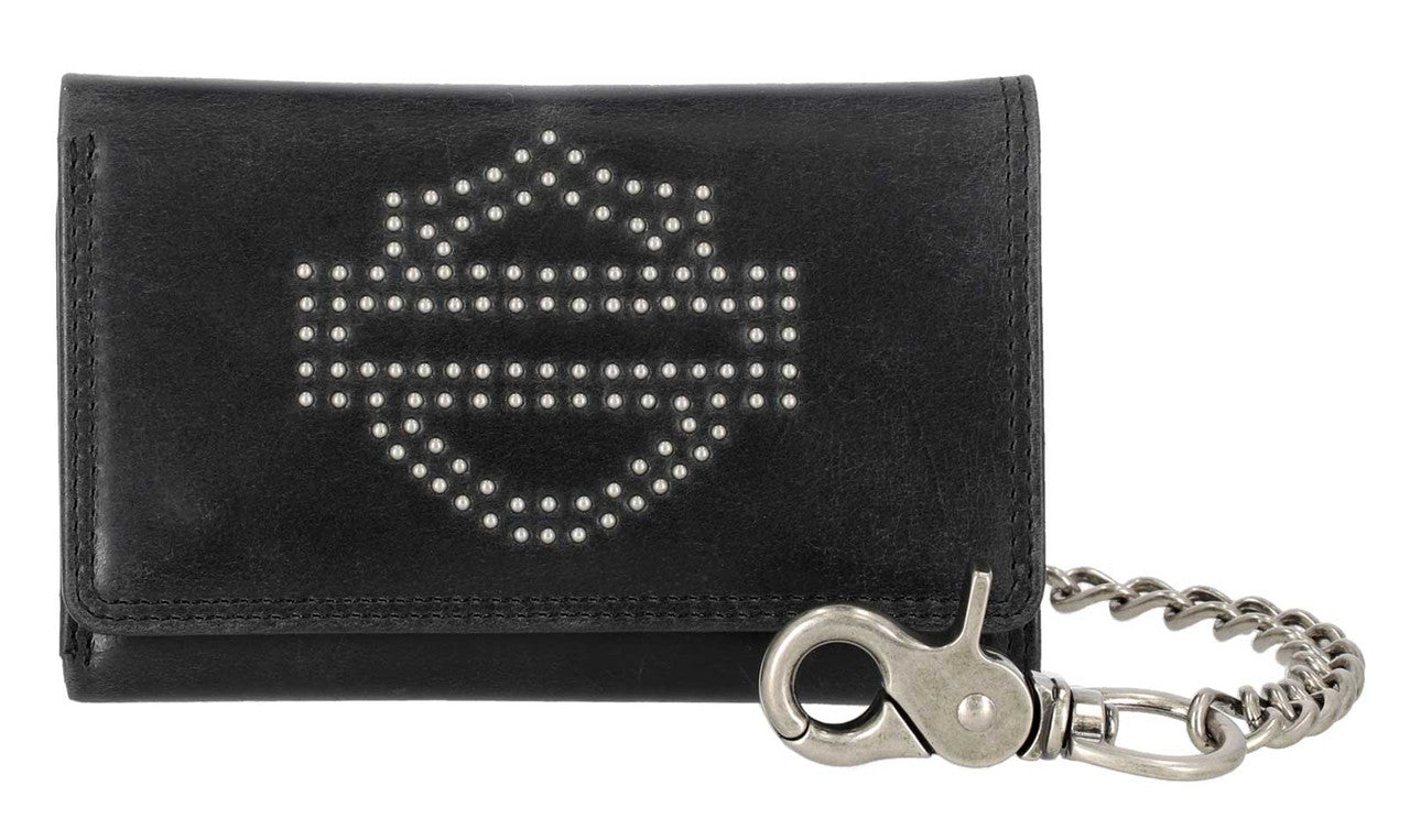 Portafoglio medio a tre ante da uomo Harley-Davidson® con logo Nail Head, barra aperta e scudo, con catena