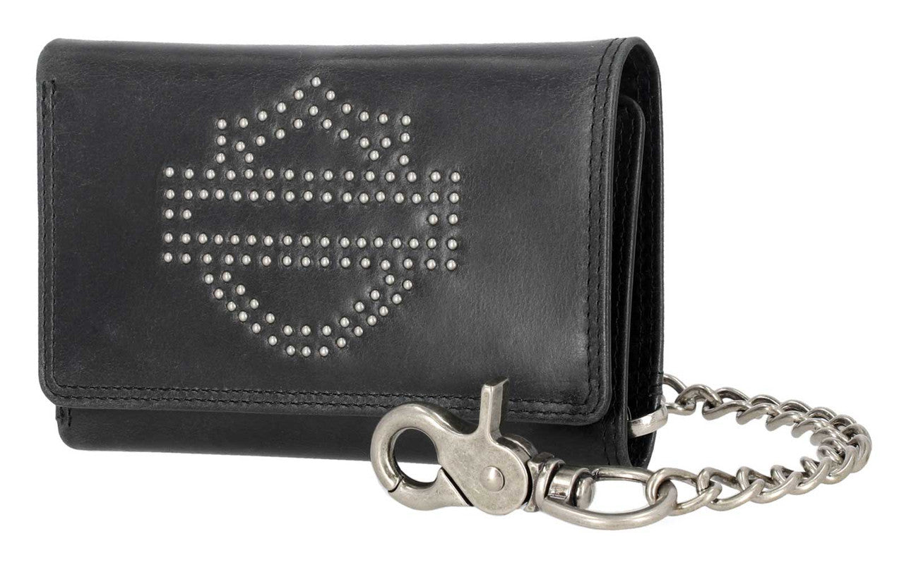 Portafoglio medio a tre ante da uomo Harley-Davidson® con logo Nail Head, barra aperta e scudo, con catena