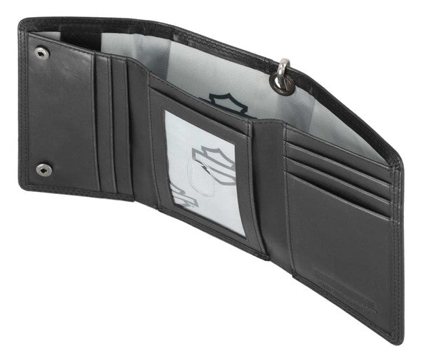 Portafoglio medio a tre ante da uomo Harley-Davidson® con logo Nail Head, barra aperta e scudo, con catena