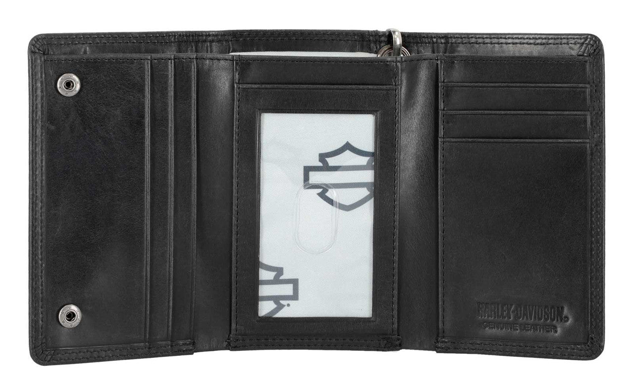 Portafoglio medio a tre ante da uomo Harley-Davidson® con logo Nail Head, barra aperta e scudo, con catena