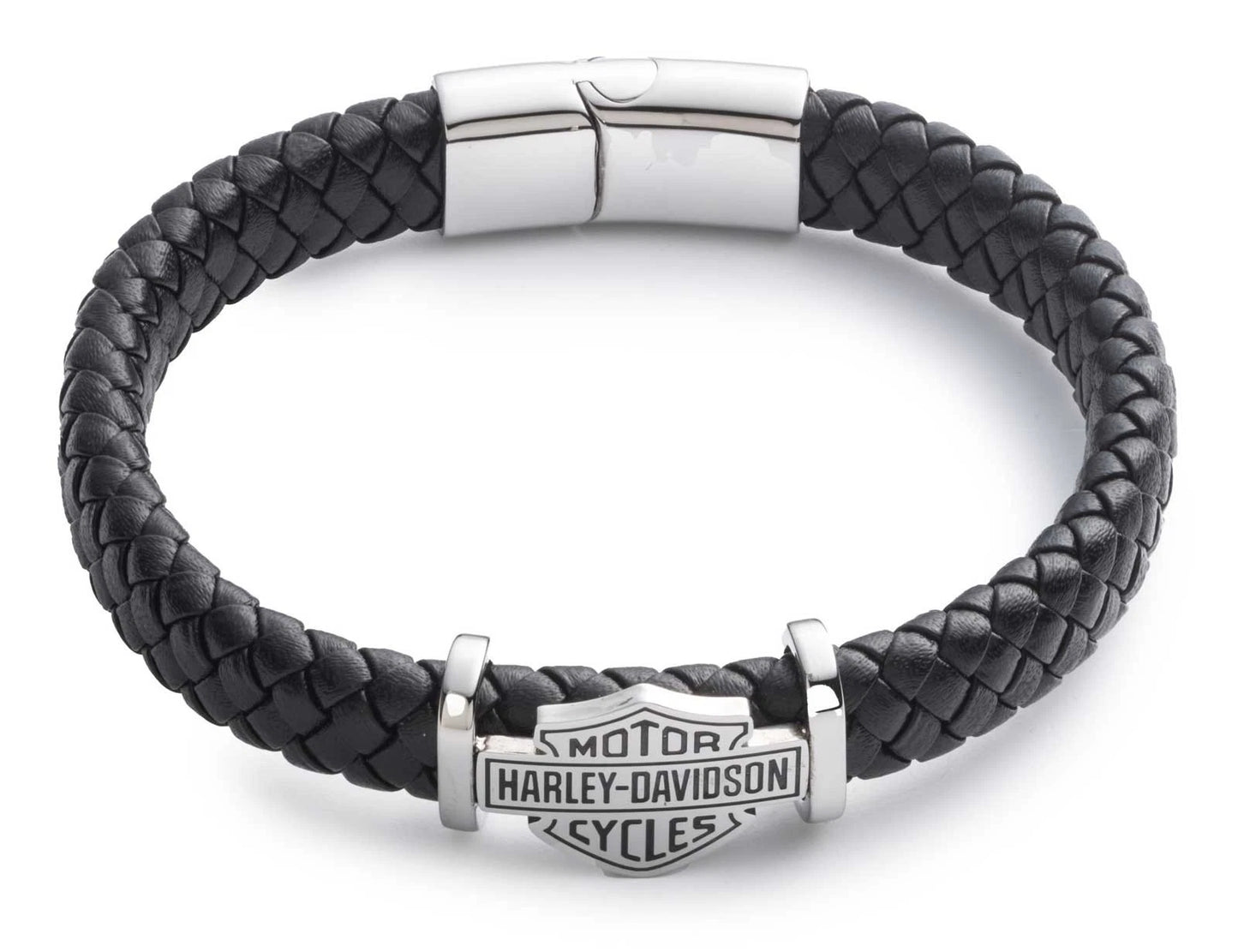 Bracciale da uomo Harley-Davidson da 9 pollici in pelle intrecciata con logo Bar & Shield, nero